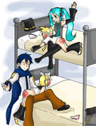 Arkham-Insanity's Volcaloids - Miku spanking Len on the top bunk and Kaito spanking Rin on the bottom